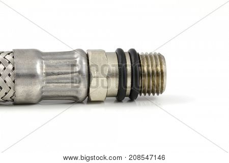 Chromeplated  heavy duty pipe connector. Gas and water transport technology detail.