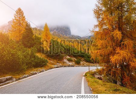 Stunning image of the alpine road. Dramatic morning scene, gloomy weather. Location famous place National Park Tre Cime di Lavaredo, Misurina, Dolomiti alps, South Tyrol, Italy, Europe. Beauty world.