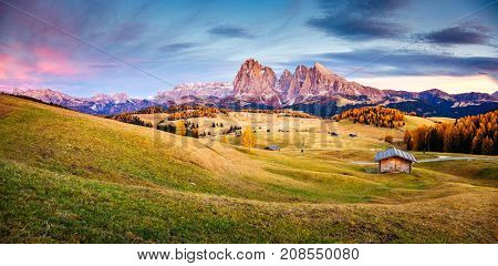 Scenic image of bright hills. Location Dolomiti alps, Compaccio, Seiser Alm or Alpe di Siusi, Bolzano province, South Tyrol, Italy, Europe, Great picture of wild area. Explore the beauty of earth.