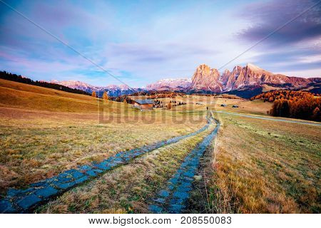 Scenic image of bright hills. Location Dolomiti alps, Compaccio, Seiser Alm or Alpe di Siusi, Bolzano province, South Tyrol, Italy, Europe, Great picture of wild area. Explore the beauty of earth.
