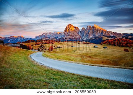 Scenic image of bright hills. Location Dolomiti alps, Compaccio, Seiser Alm or Alpe di Siusi, Bolzano province, South Tyrol, Italy, Europe, Great picture of wild area. Explore the beauty of earth.