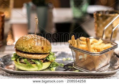 Chicken Hamberger with fries fast food