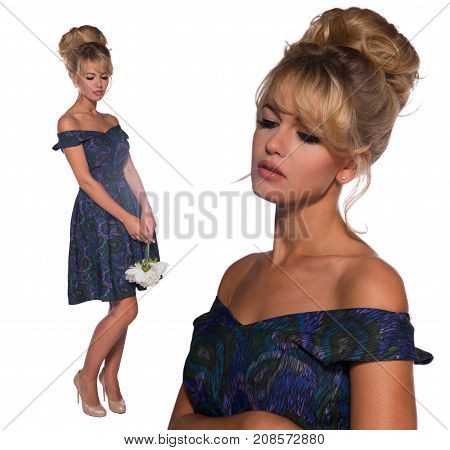 portrait of a beautiful blonde woman in retro dress 50-s style . copy space. vintage look. babetta haircut