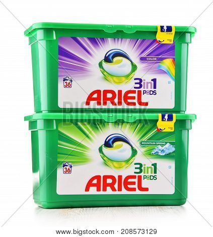 POZNAN POLAND - OCT 4 2017: Ariel is a laundry detergent product the flagship brand of Procter & Gamble corporation headquartered in Cincinnati Ohio USA.
