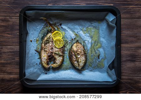 Grilled yellowtail amberjack just cooked fillets with lemon slices.