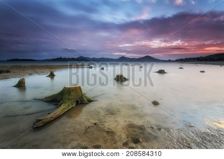 Reservoir in autumn lack of water in Alava
