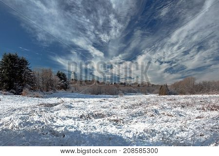 Snow, winter landscape in the Deer Lake Park in Barnaby City