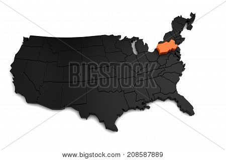 United States of America, 3d black map, with Pennsylvania state highlighted in orange. 3d render