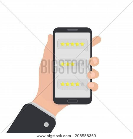 User reviews on smartphone. Feedback. Testimonial messages on mobile phone. Review rating in speech bubbles. Good and bad rate. Hand with smartphone. Illustration in flat style.