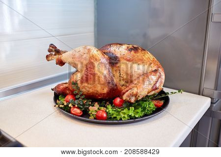 Tasty baked chicken on vegetables pillow. Ready for holidays table. Close-up of delishious chicken with vegetables. Food concept.