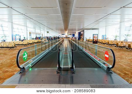 NEW DELHI, INDIA - CIRCA APRIL 2017: A travelator at Indira Gandhi International Airport.