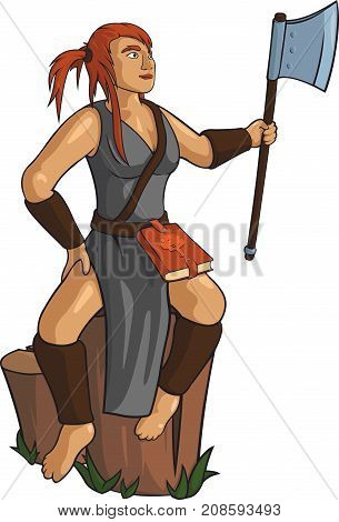 Young carpenter girl with massive axe on white background