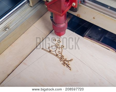 Automated machine for burning out patterns on the tree began its work on close-up patterns