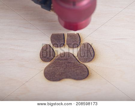 Automated machine for the burning of patterns on the tree began its work with the logo of the paw print close-up
