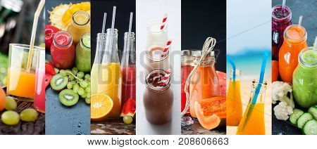 Set Collage Bottles Different Colored Beverages