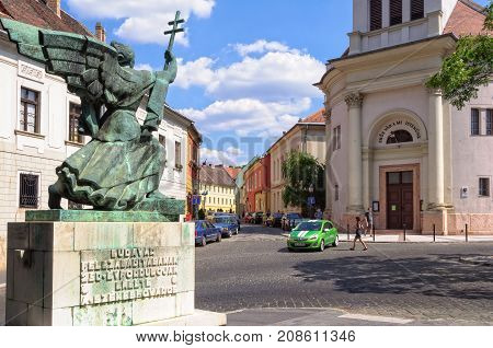 Monument for the Recovery of Buda Castle facing the Lutheran Church of Budavár - Budapest, Hungary, 17 July 2013