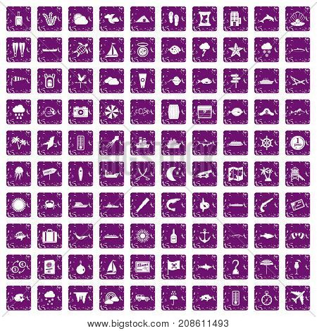 100 marine environment icons set in grunge style purple color isolated on white background vector illustration