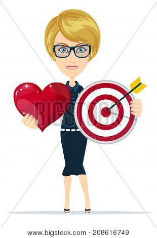 Target arrow and loving heart. success marketing symbol, love target in one red heart. Stock flat vector illustration.
