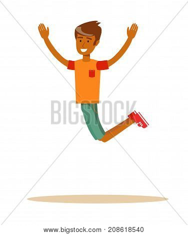Joyous man jumping with raised arms. Stock flat vector illustration.
