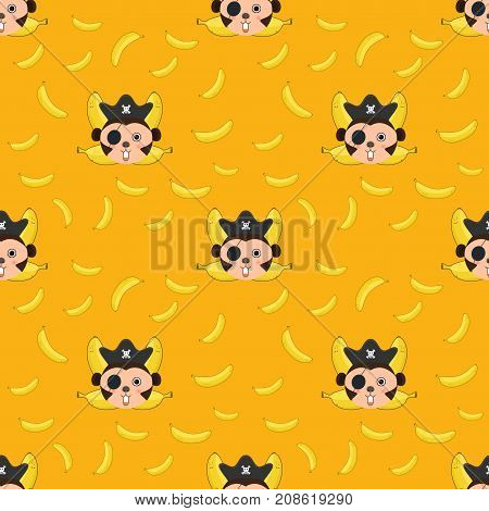 Seamless pattern Monkey and bananas logo. Monkey head and crossed bananas.pirate monkey cartoon T-shirt design for kids on yellow background vector illustration
