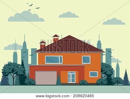 private house with garage . Stock flat vector illustration.
