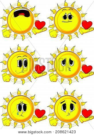 Cartoon sun holding red heart in his hand. Collection with sad faces. Expressions vector set.