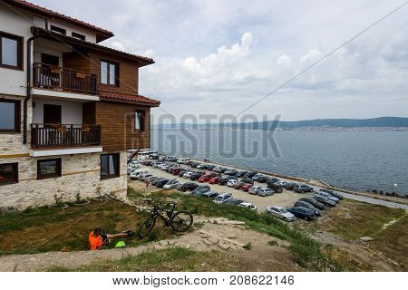 NESEBAR BULGARIA - AUGUST 21 2017: View of the Northern harbor and parking. Nesebar is an ancient city and one of the major seaside resorts on the Bulgarian Black Sea Coast.