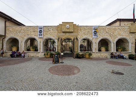 NESEBAR BULGARIA - AUGUST 21 2017: Mesambriya square in the old town. Nesebar is an ancient city and one of the major seaside resorts on the Bulgarian Black Sea Coast.