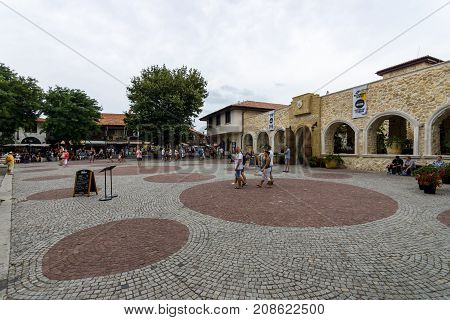 NESEBAR BULGARIA - AUGUST 21 2017: Mesambriya square in the old town. Nesebar is an ancient city and one of the major seaside resorts on the Bulgarian Black Sea Coast.