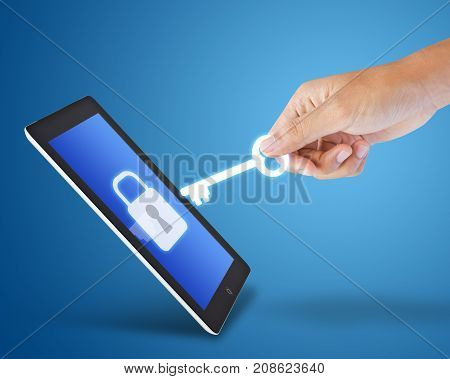 Lock and key with businessman hand and pc lcd screen tablet device. lock with key. Key lock icon