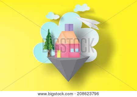 Paper art of home sweet on floating island svector