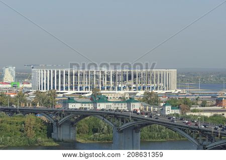 Nizhny Novgorod Russia. - September 13.2017. View from the high bank of the Oka to the bridge across the Oka and the construction of a football stadium for the 2018 World Cup.