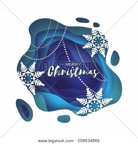 Blue Merry Christmas Greetings card. Snowfall. Paper cut snow flake. Happy New Year invitation. Winter snowflakes Garland. Text. Layered tonnel wave background. Shadows box. Vector illustration.