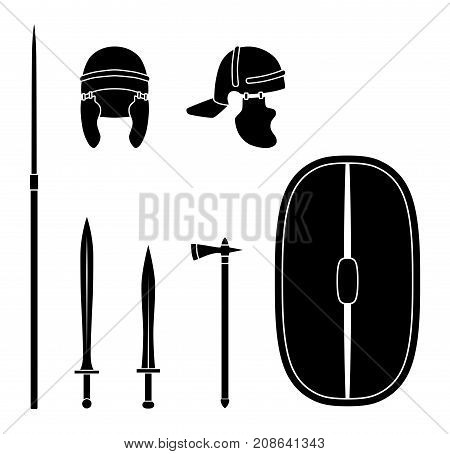Set of ancient roman weapon and protective equipment. Spear sword gladius shield axe helmet. Warrior outfit Vector illustration