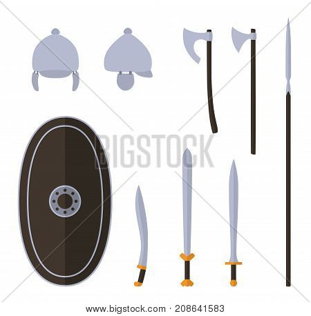 Set of ancient celtic weapon and protective equipment. Spear sword gladius shield axe helmet. Warrior outfit Vector illustration
