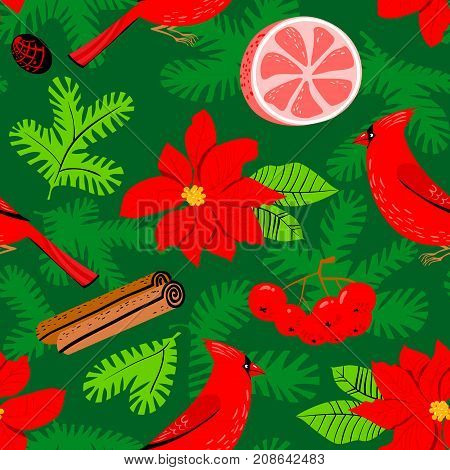 Christmas background with poinsettia red flower. Winter floral seasmless pattern with cardinal bird grapefuit canella pine tree branches. Seasonal design for wrapping backdrops textile cards