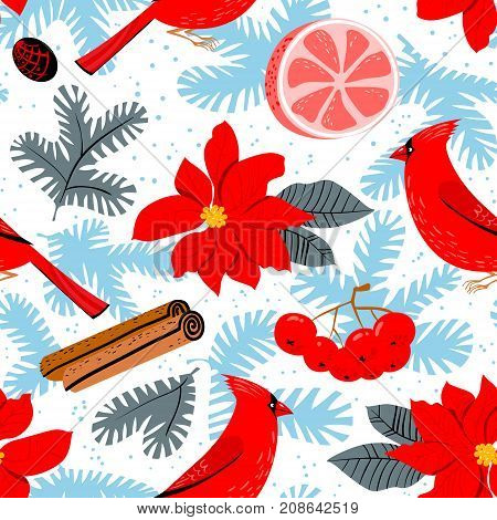 Christmas background with poinsettia red flower. Winter floral seasmless pattern with cardinal bird grapefuit canella pine tree branches. Seasonal design for wrapping backdrops textile cards