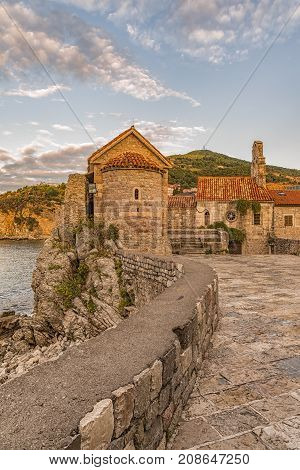 View of the The Saint Sava Church in the old town of Budva. Montenegro.