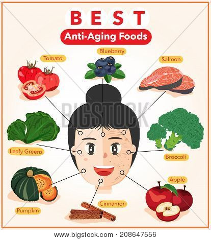 Best Anti-Aging Foods Infographic with Half Young and Half Wrinkle Lady Smiling Face Illustration Vector