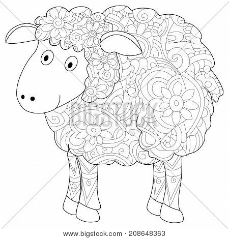 Ram animal coloring book for adults raster illustration. Anti-stress coloring for adult herbivorous. Zentangle style. Black and white lines. Lace pattern lamb