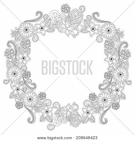 Floral hand drawn vertical frame oval in zentangle inspired style isolated on white background. Doodle flowers decorative border circle. Coloring book for adult and children. Editable raster