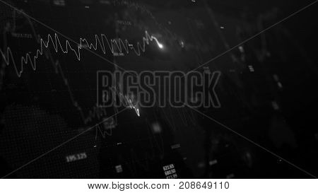 3d render. Statistic graph of stock market data and financial analysis. Stock market graph. Financial statistic analysis on dark background with growing financial charts. Big data on LED panel