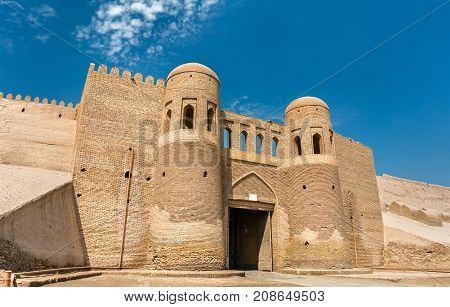 Entrance Gate in the ancient city wall of Ichan Kala. Khiva, a UNESCO world heritage site in Uzbekistan