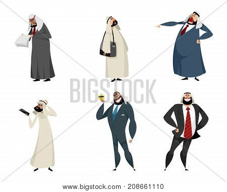 Vector illustration of set of six arab businessmen