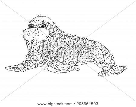 Sea walrus. An animal of the North Pole. Coloring book. Vector illustration. Anti-stress coloring for adult. Zentangle style. Black and white lines. Lace pattern