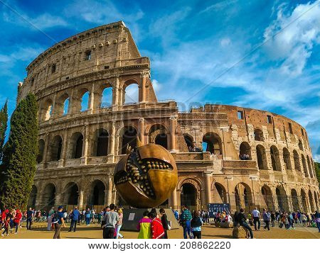 Full view of the colosseum with the pomegranade sculpture in Rome, Lazio, Italy