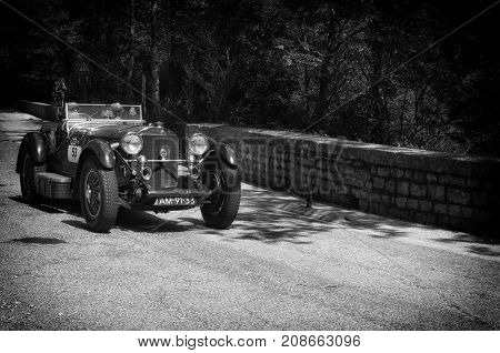 GOLA DEL FURLO, ITALY - MERCEDES-BENZ 710 SSK 1929 1 on an old racing car in rally Mille Miglia 2017 the famous italian historical race (1927-1957) on May 19 2017