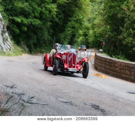 GOLA DEL FURLO, ITALY - FIAT BALILAL SPAIDER on an old racing car in rally Mille Miglia 2017 the famous italian historical race (1927-1957) on May 19 2017