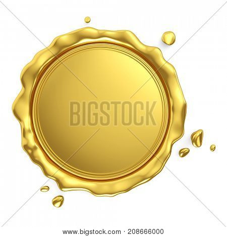 Golden royal blank wax seal isolated on white background. 3d rendering.