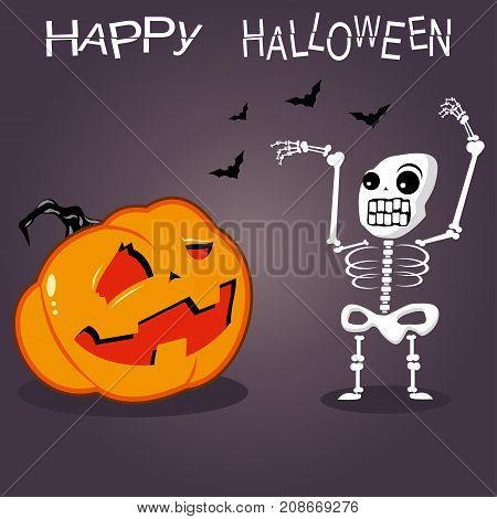 Vector illustration Halloween pumpkin with skeleton and bat.